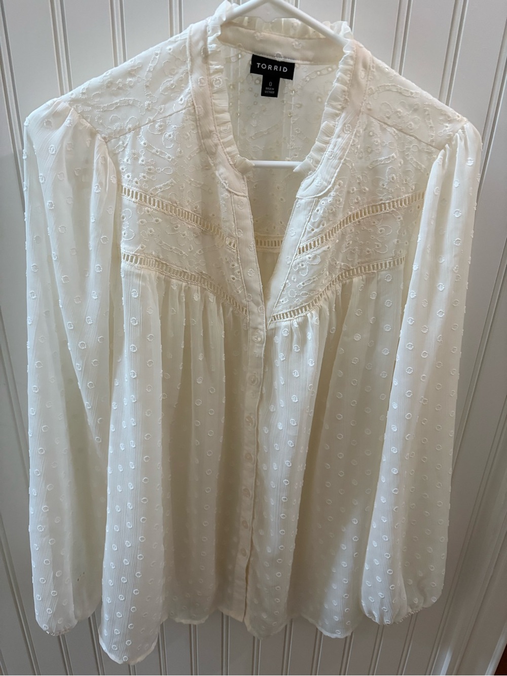 torrid Ivory Embroidered Swiss Dot Peasant Top